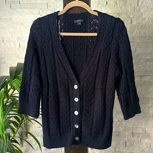 NAUTICA Navy Blue Cable Knit Cardigan 3/4 Sleeve Sweater Size Large